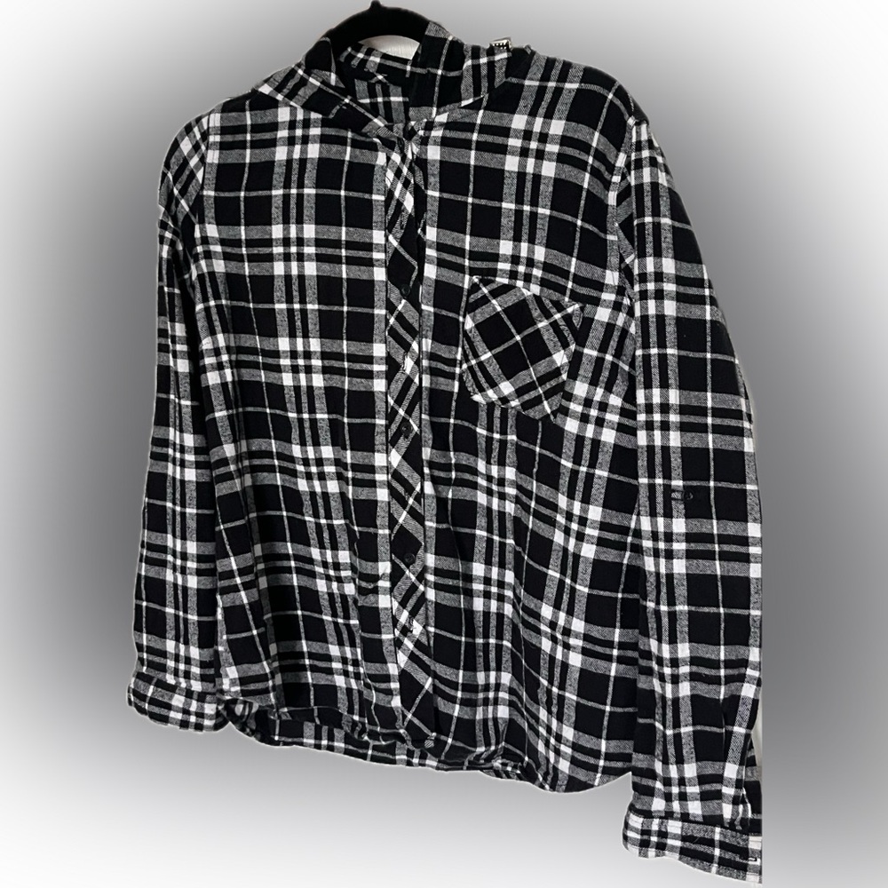 Joe Boxer Hooded Plaid Flannel Black White Check Button Front XL Shirt